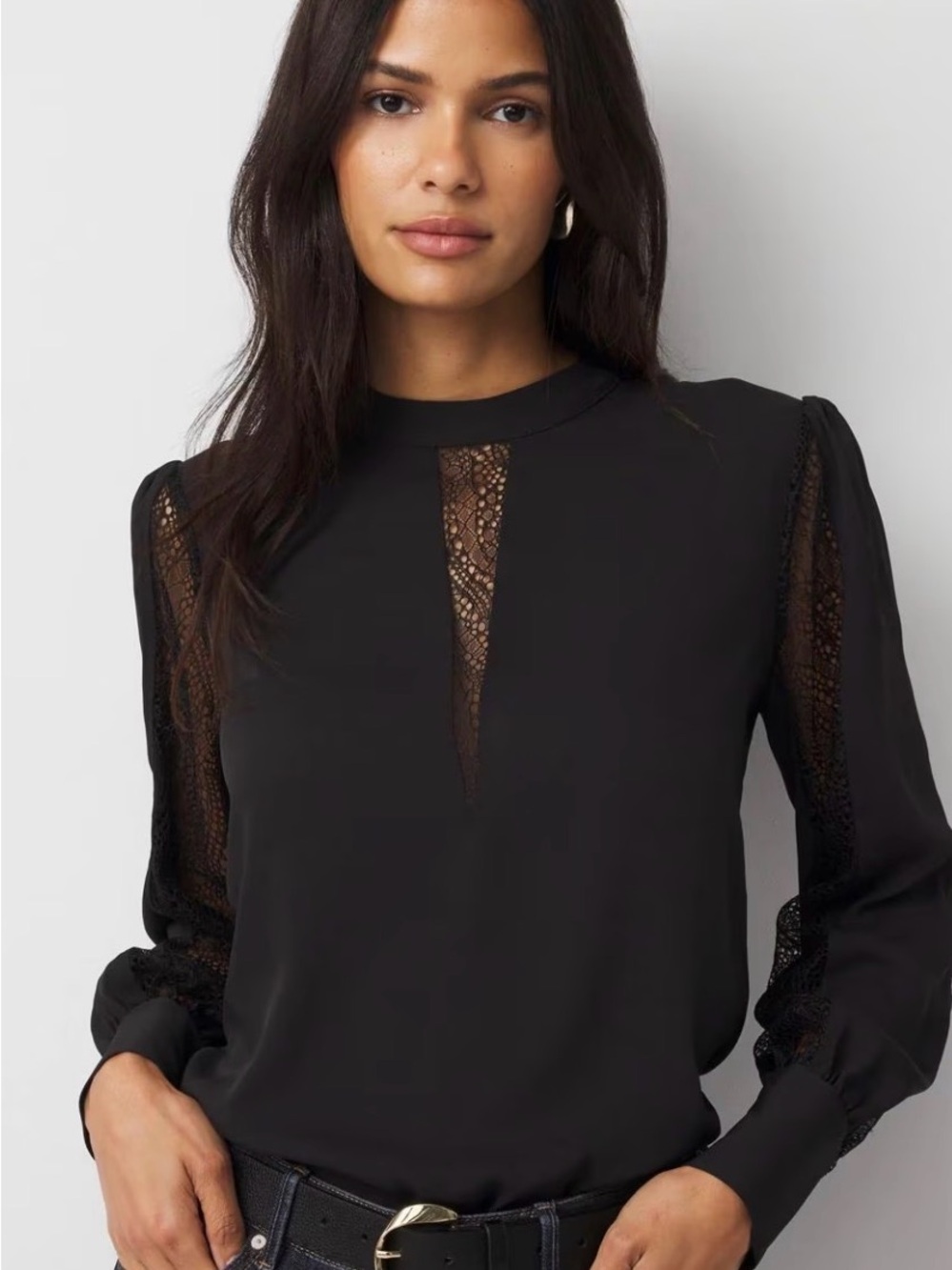 White House Black Market Black Lace-Panel Long Sleeve Blouse size Small NWT